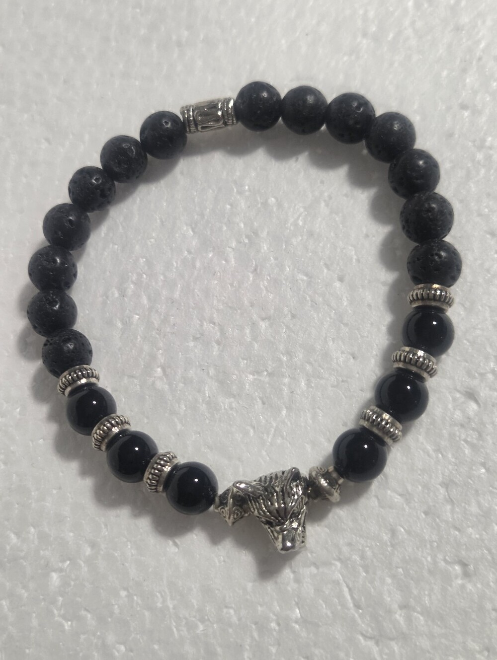 Handcrafted Men's Black Lava Stone & Onyx Wolf Head Bead Bracelet